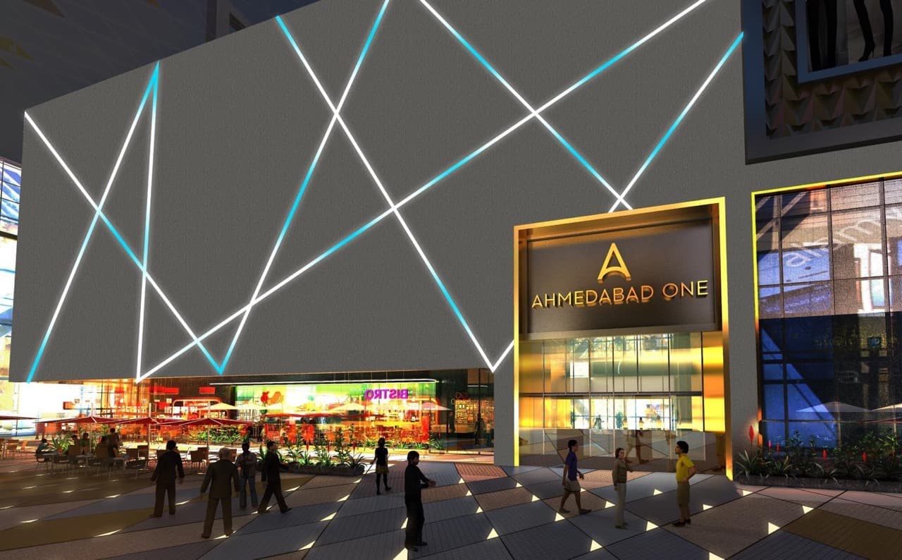 Ahmedabad One Mall illuminated beside Vastrapur Lake